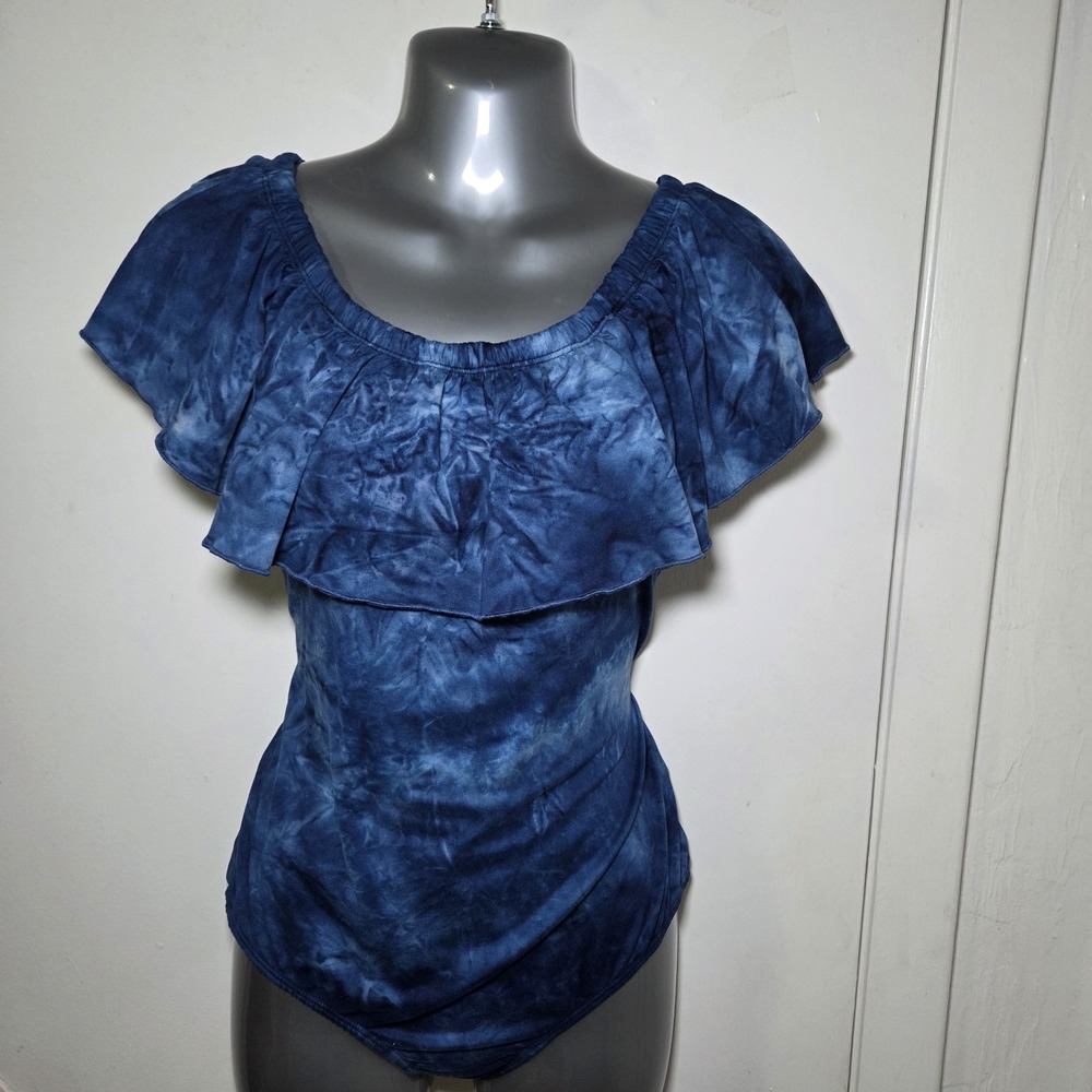Women's Blue Tie Dye Ruffle Off Shoulder Bodysuit Size‎ L
